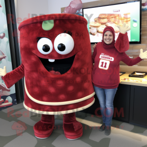 Maroon Lasagna mascot costume character dressed with a Sweater and Keychains