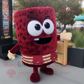 Maroon Lasagna mascot costume character dressed with a Sweater and Keychains
