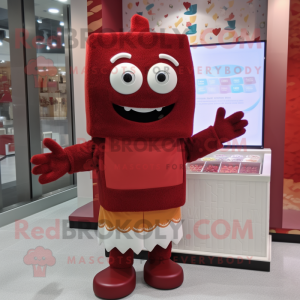 Maroon Lasagna mascot costume character dressed with a Sweater and Keychains