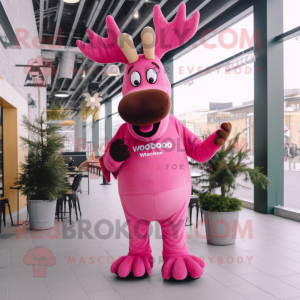 Pink Moose mascot costume character dressed with a Jumpsuit and Clutch bags