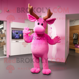 Pink Moose mascot costume character dressed with a Jumpsuit and Clutch bags