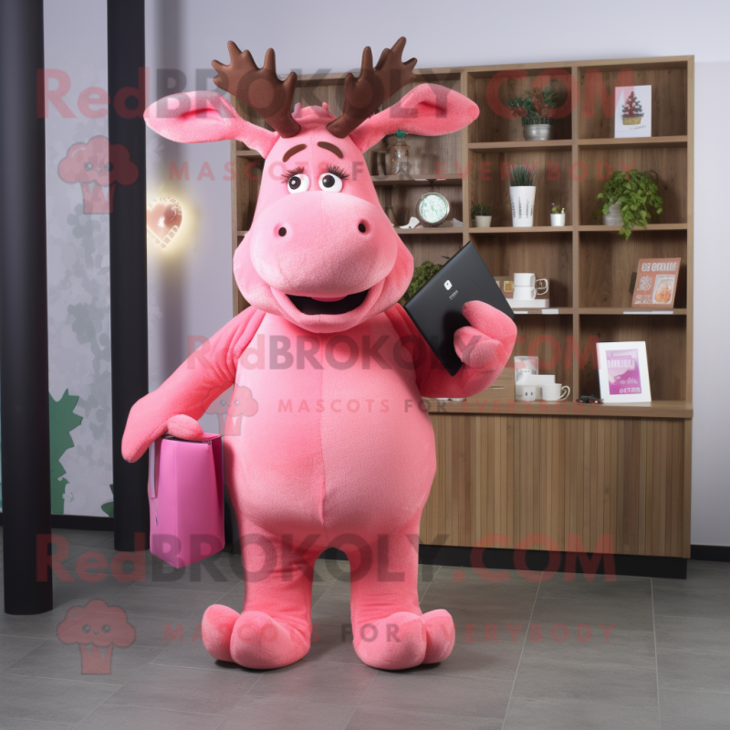 Pink Moose mascot costume character dressed with a Jumpsuit and Clutch bags Pink Moose mascot costume character dressed with a Jumpsuit and Clutch bags