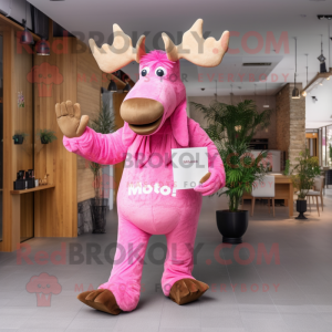 Pink Moose mascot costume character dressed with a Jumpsuit and Clutch bags