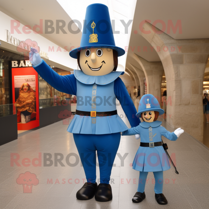 Blue Swiss Guard mascot costume character dressed with a Mom Jeans and Hats Blue Swiss Guard mascot costume character dressed with a Mom Jeans and Hats