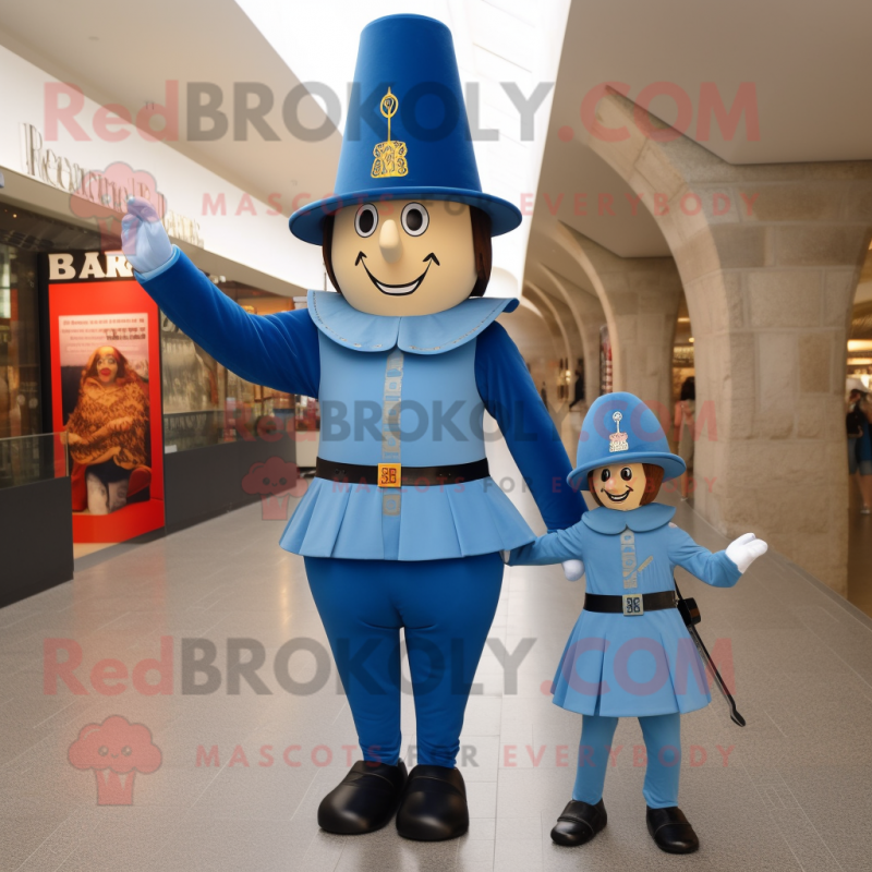 Blue Swiss Guard mascot costume character dressed with a Mom Jeans and Hats