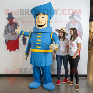 Blue Swiss Guard mascot costume character dressed with a Mom Jeans and Hats