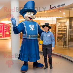 Blue Swiss Guard mascot costume character dressed with a Mom Jeans and Hats