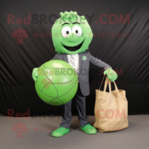 Green Handball Ball mascot costume character dressed with a Suit Jacket and Tote bags