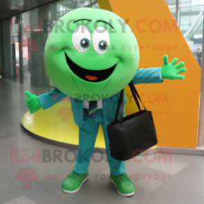Green Handball Ball mascot costume character dressed with a Suit Jacket and Tote bags