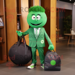 Green Handball Ball mascot costume character dressed with a Suit Jacket and Tote bags