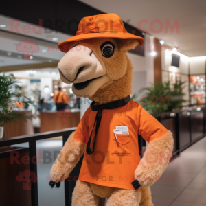Orange Camel mascot costume character dressed with a Polo Tee and Hats