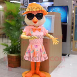 Peach Chicken mascot costume character dressed with a Maxi Skirt and Sunglasses