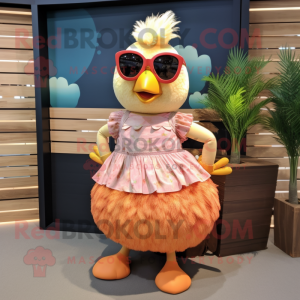 Peach Chicken mascot costume character dressed with a Maxi Skirt and Sunglasses