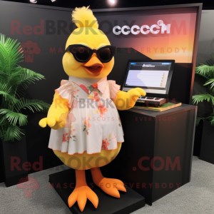 Peach Chicken mascot costume character dressed with a Maxi Skirt and Sunglasses