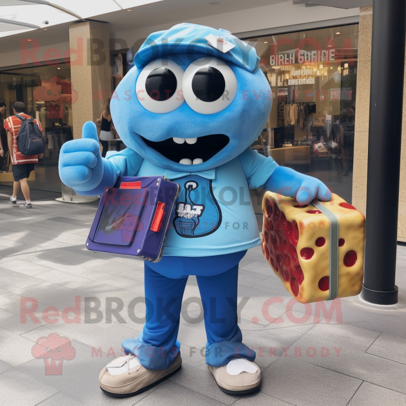 Blue Pizza mascot costume character dressed with a Cargo Shorts and Handbags