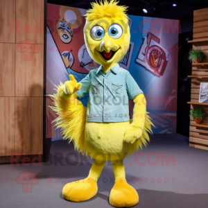 Lemon Yellow Peacock mascot costume character dressed with a Boyfriend Jeans and Tie pins