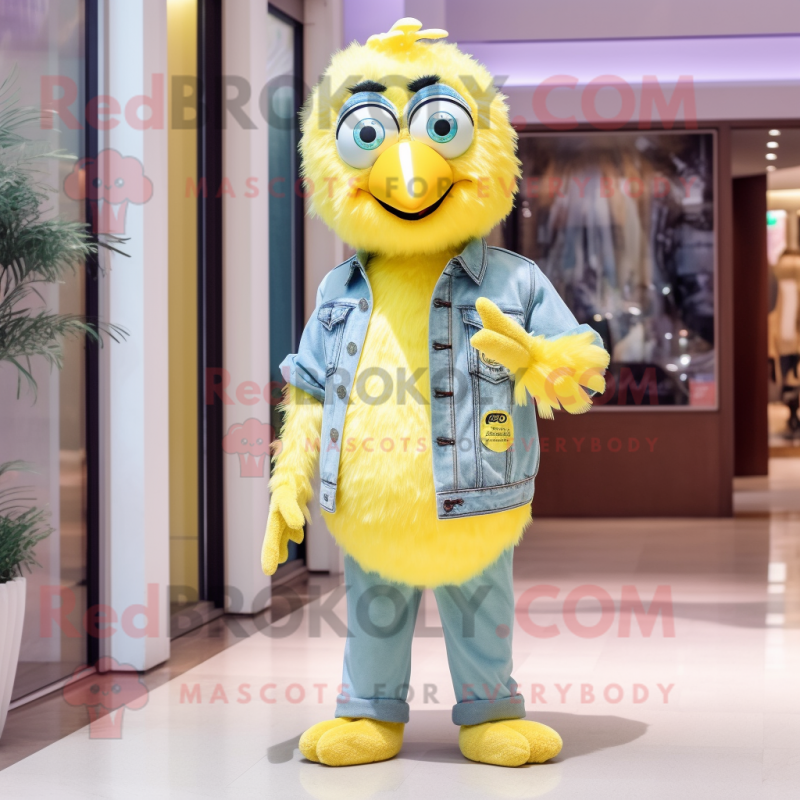 Lemon Yellow Peacock mascot costume character dressed with a Boyfriend Jeans and Tie pins