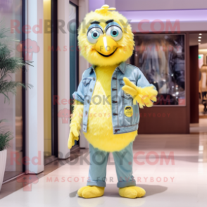 Lemon Yellow Peacock mascot costume character dressed with a Boyfriend Jeans and Tie pins