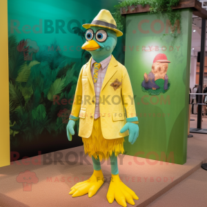 Lemon Yellow Peacock mascot costume character dressed with a Boyfriend Jeans and Tie pins