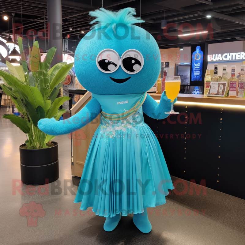 Cyan Ramen mascot costume character dressed with a Cocktail Dress and Bracelets