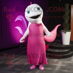 Magenta Beluga Whale mascot costume character dressed with a Cocktail Dress and Tie pins