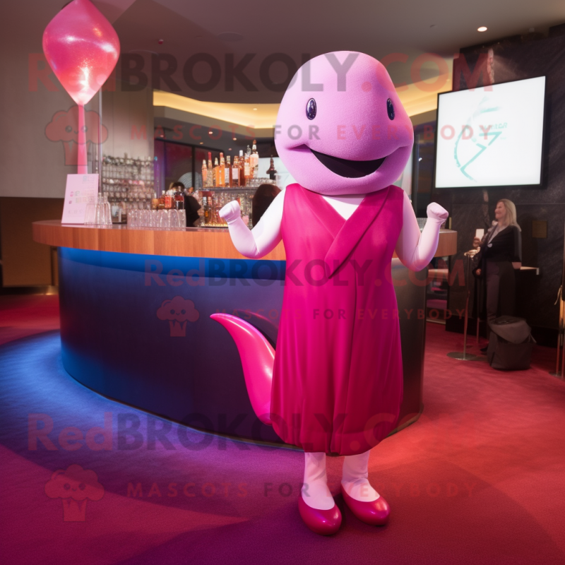 Magenta Beluga Whale mascot costume character dressed with a Cocktail Dress and Tie pins Magenta Beluga Whale mascot costume character dressed with a Cocktail Dress and Tie pins