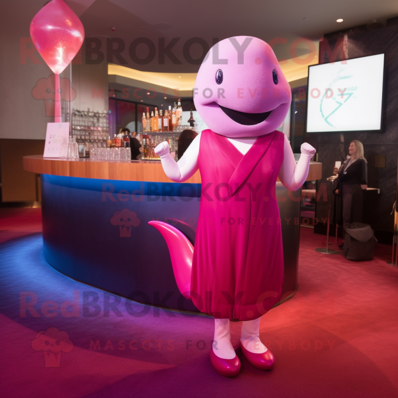 Magenta Beluga Whale mascot costume character dressed with a Cocktail Dress and Tie pins