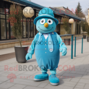 Turquoise Petanque Ball mascot costume character dressed with a Coat and Hats