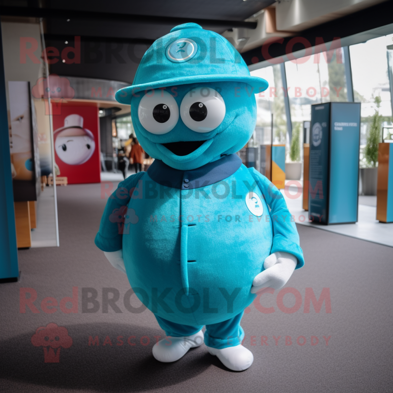 Turquoise Petanque Ball mascot costume character dressed with a Coat and Hats Turquoise Petanque Ball mascot costume character dressed with a Coat and Hats