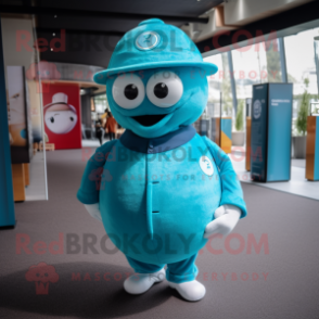 Turquoise Petanque Ball mascot costume character dressed with a Coat and Hats