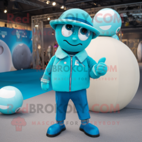 Turquoise Petanque Ball mascot costume character dressed with a Coat and Hats