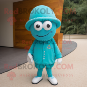 Turquoise Petanque Ball mascot costume character dressed with a Coat and Hats