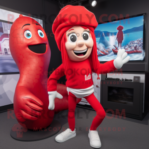 Red Mermaid mascot costume character dressed with a Leggings and Beanies