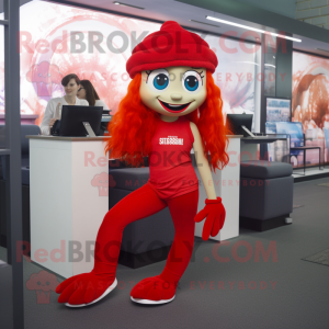 Red Mermaid mascot costume character dressed with a Leggings and Beanies