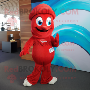 Red Mermaid mascot costume character dressed with a Leggings and Beanies