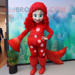 Red Mermaid mascot costume character dressed with a Leggings and Beanies