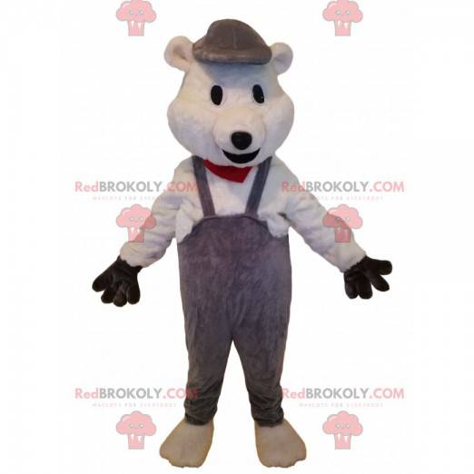 Bärenmaskottchen mit grauem Overall. Bärenkostüm -