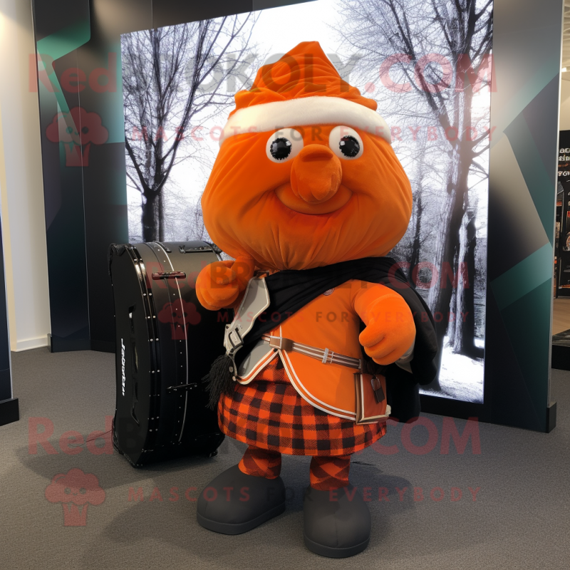 Orange Bagpipe mascot costume character dressed with a Jacket and Backpacks Orange Bagpipe mascot costume character dressed with a Jacket and Backpacks
