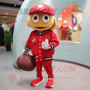 Red Baseball Ball mascot costume character dressed with a Parka and Wallets