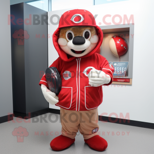 Red Baseball Ball mascot costume character dressed with a Parka and Wallets