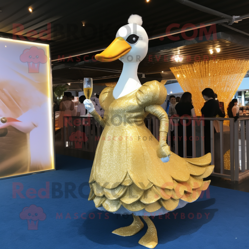 Gold Swan mascot costume character dressed with a Cocktail Dress and Anklets Gold Swan mascot costume character dressed with a Cocktail Dress and Anklets