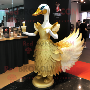 Gold Swan mascot costume character dressed with a Cocktail Dress and Anklets