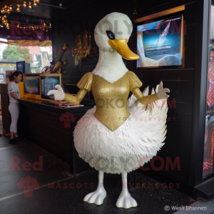 Gold Swan mascot costume character dressed with a Cocktail Dress and Anklets