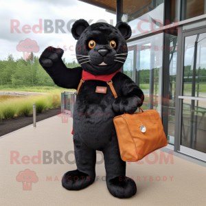 Rust Panther mascot costume character dressed with a Dungarees and Tote bags