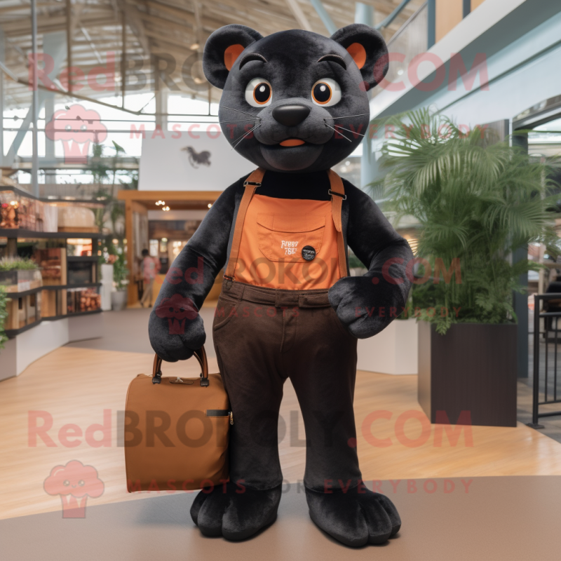 Rust Panther mascot costume character dressed with a Dungarees and Tote bags