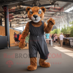 Rust Panther mascot costume character dressed with a Dungarees and Tote bags