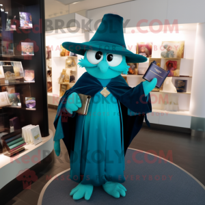 Teal Wizard mascot costume character dressed with a Evening Gown and Handbags