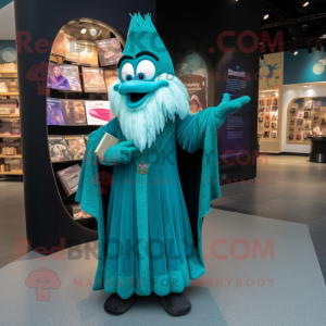 Teal Wizard mascot costume character dressed with a Evening Gown and Handbags