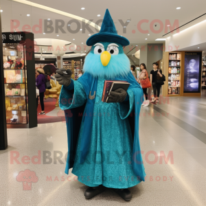 Teal Wizard mascot costume character dressed with a Evening Gown and Handbags