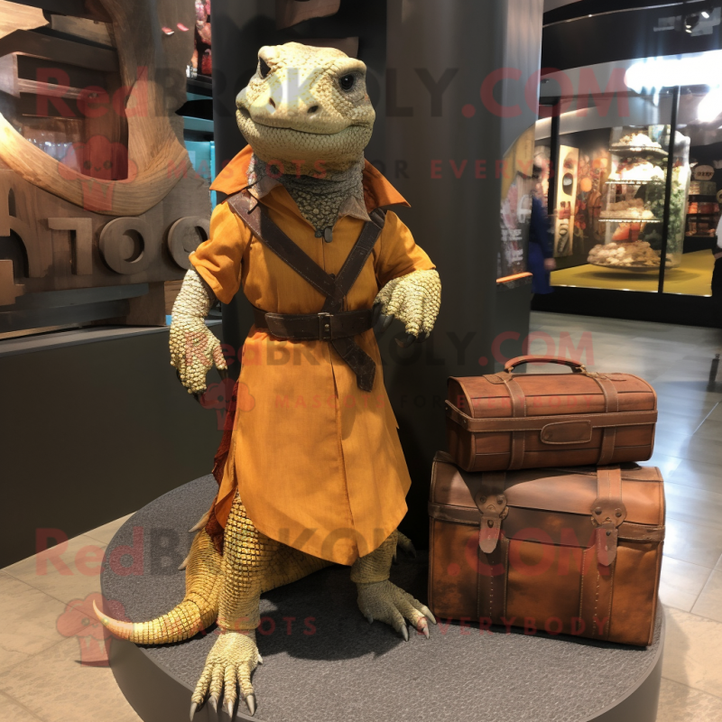 Rust Komodo Dragon mascot costume character dressed with a Sheath Dress and Handbags